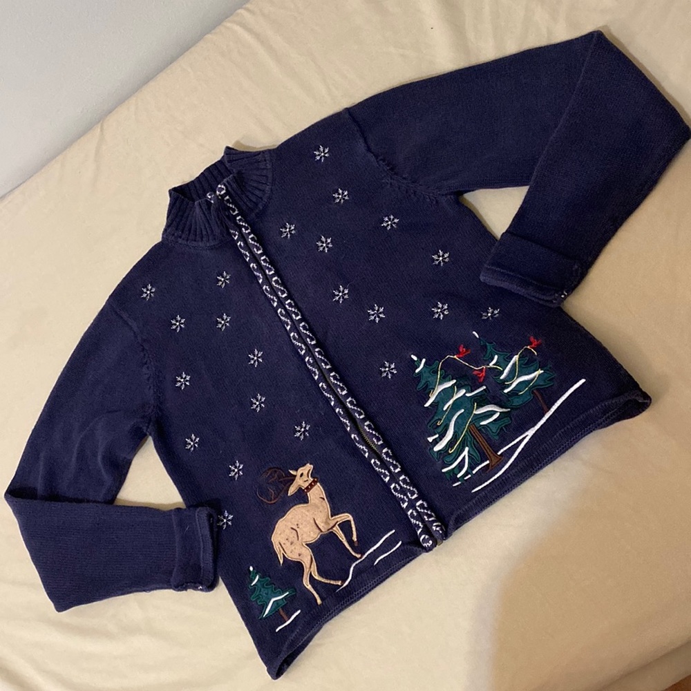 Navy Reindeer vintage, zip up winter sweater